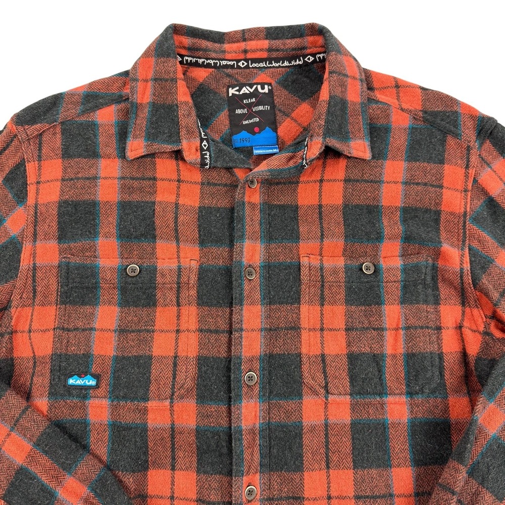 KAVU Shirt Mens Medium Orange Plaid Flannel Long Sleeve Workwear Casual Outdoor